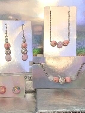 Handmade Pink Beaded Necklace and Earring Set
